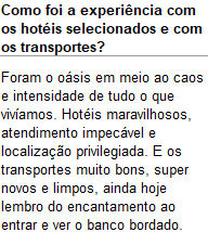 Depoimento — hotéis e transportes